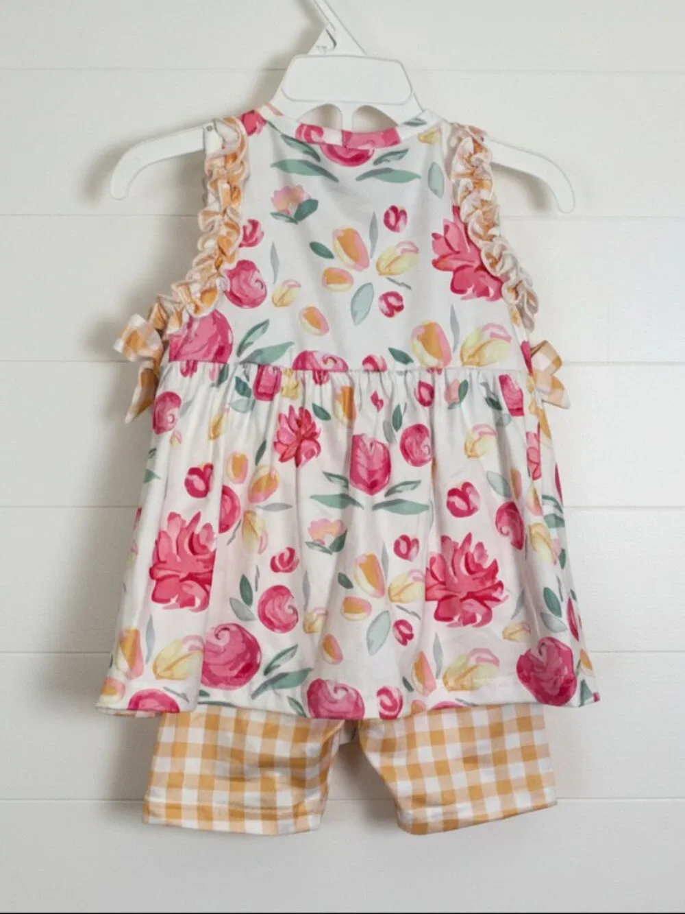 Yellow Checks & Flowers Ruffle Short Set, girl
